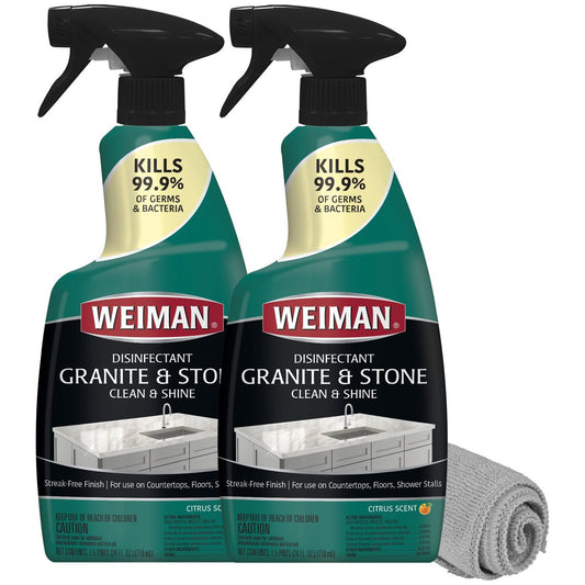 Weiman Disinfectant Granite Daily Clean & Shine (2 Pack with Polishing Cloth) Safely Clean Disinfect and Shine Granite Marble Soapstone Quartz Quartzite Slate Limestone Corian Laminate Tile Countertop