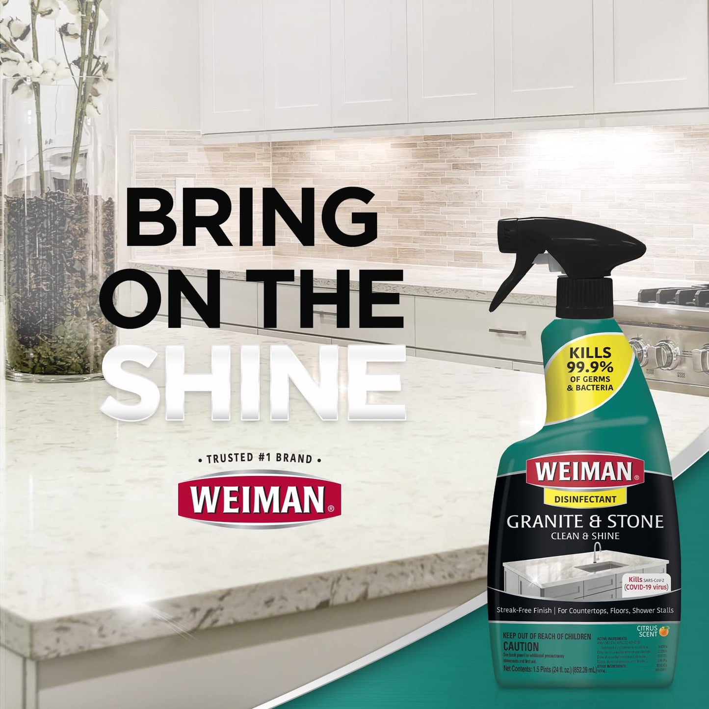 Weiman Disinfectant Granite Daily Clean & Shine (2 Pack with Polishing Cloth) Safely Clean Disinfect and Shine Granite Marble Soapstone Quartz Quartzite Slate Limestone Corian Laminate Tile Countertop