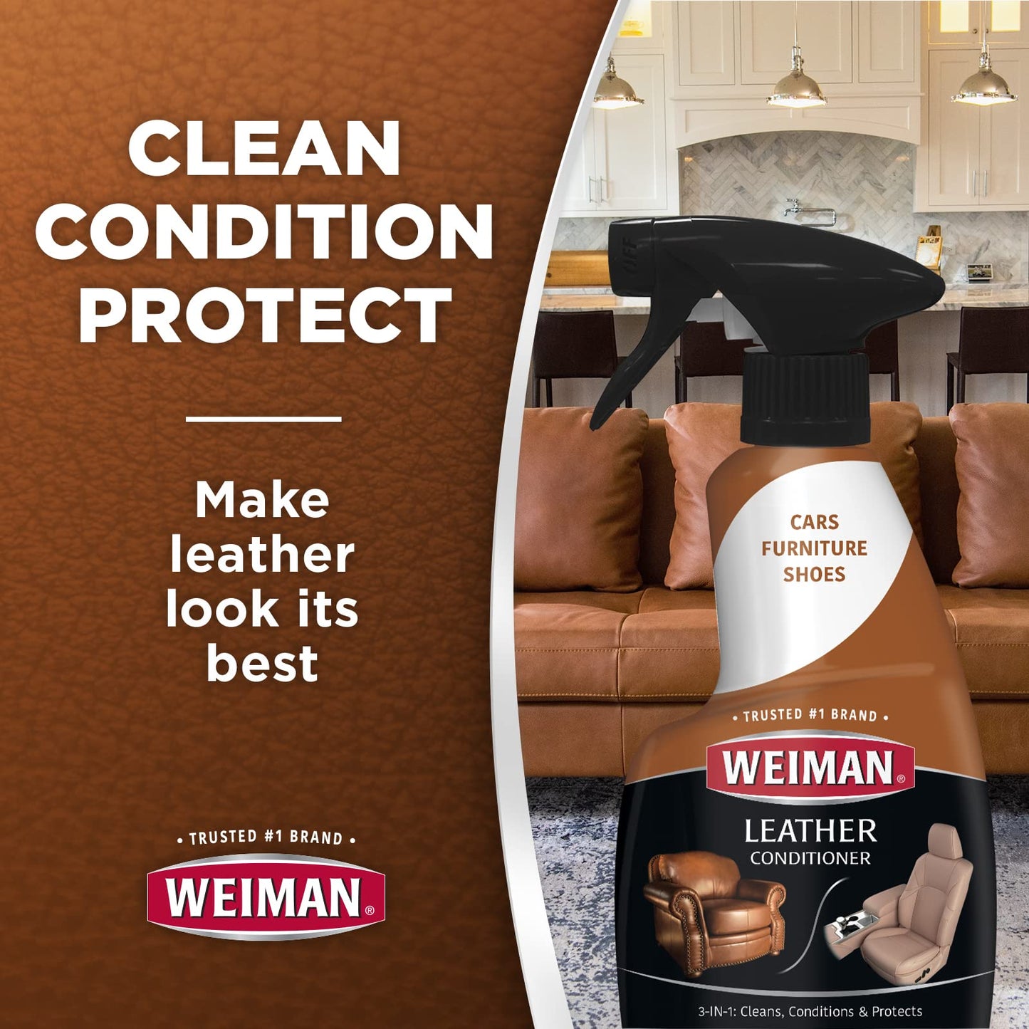 Weiman Leather Cleaner & Conditioner - 12 Fl Oz - Non Toxic Cleans Conditions and Restores Leather Surfaces - UV Protectants Help Prevent Cracking or Fading of Leather Couches Car Seats Shoes Purses