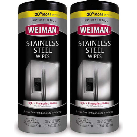 Weiman Stainless Steel Cleaning Wipes [2 Pack] Removes Fingerprints, Residue, Water Marks and Grease From Appliances - Works Great on Refrigerators, Dishwashers, Ovens, Grills and More