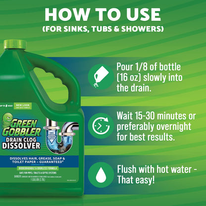 Liquid Clog Remover By Green Gobbler - Drain, Toilet Clog Remover, DISSOLVE Hair & Grease From Clogged Toilets, Sinks And Drains - Drain Cleaner, Works Within Minutes - 1 Gallon