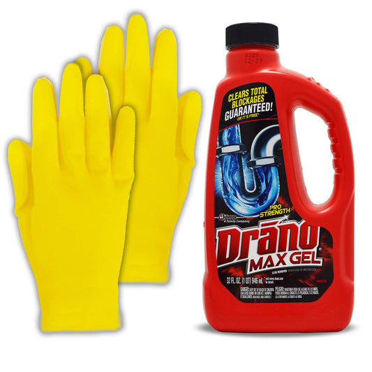 Draino Max Gel Kit: Professional Strength Drano Drain Clog Liquid Remover Cleaner, Works On Hair and More in The Bathtub, Sink, Shower & HeroFiber Rubber Protection Gloves.