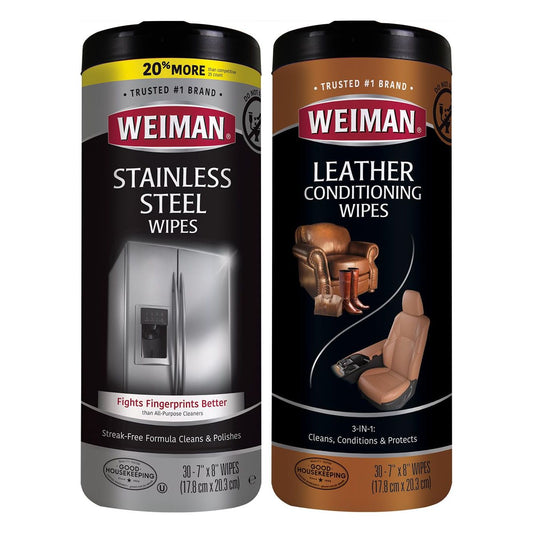 Weiman Stainless Steel Wipes and Leather Wipes - Clean and Polish Appliances for a Brighter and Longer Shine - Clean, Condition and Restore Leather Surfaces - Packaging May Vary