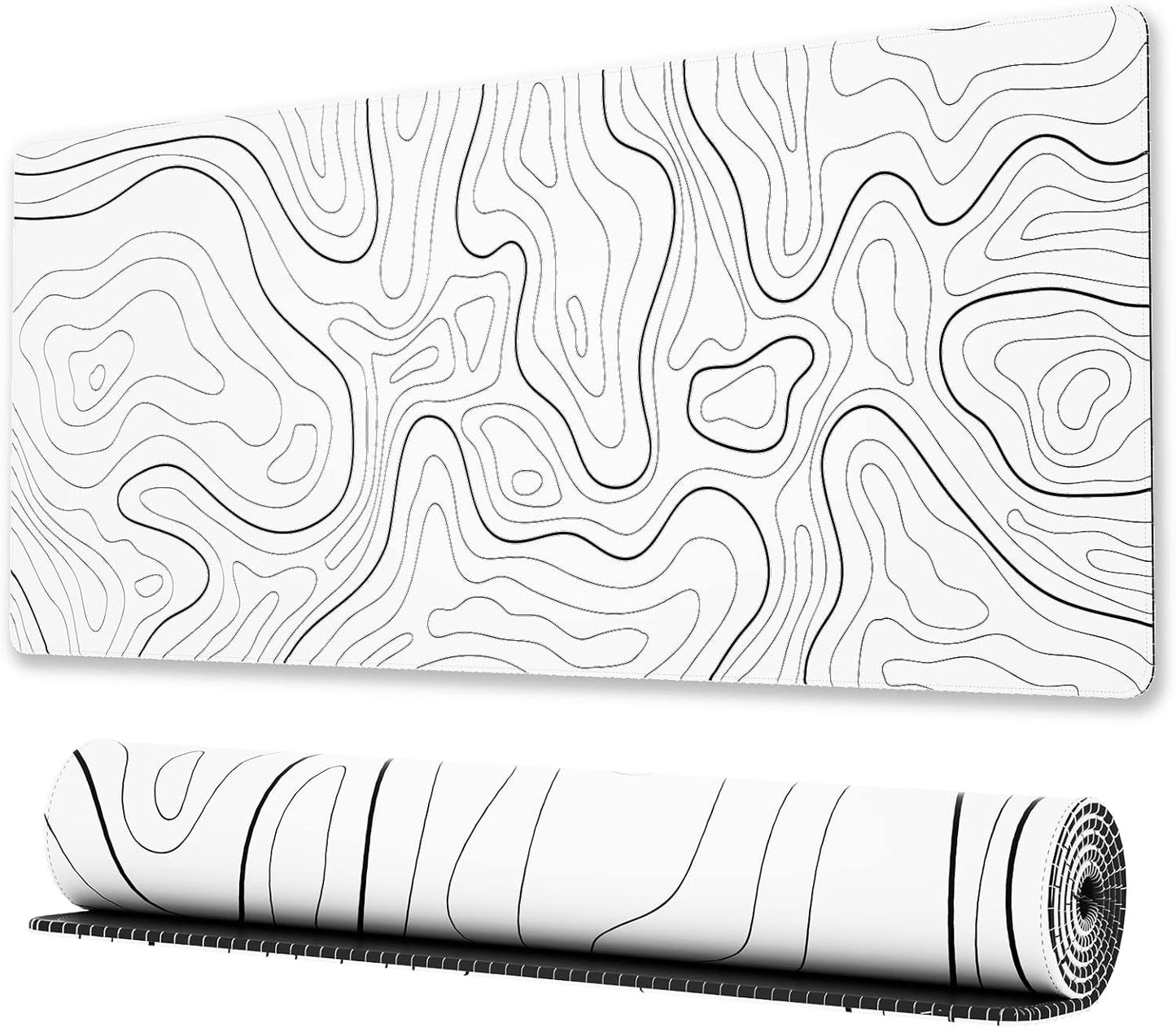 Ovenbird Large Gaming Mouse Pad with Stitched Edges, Minimalist Topographic Map Desk Mat, Extended XL Mousepad with Anti-Slip Base, Cool Desk Pad for Keyboard and Mouse, 31.5 x 11.8 in, White