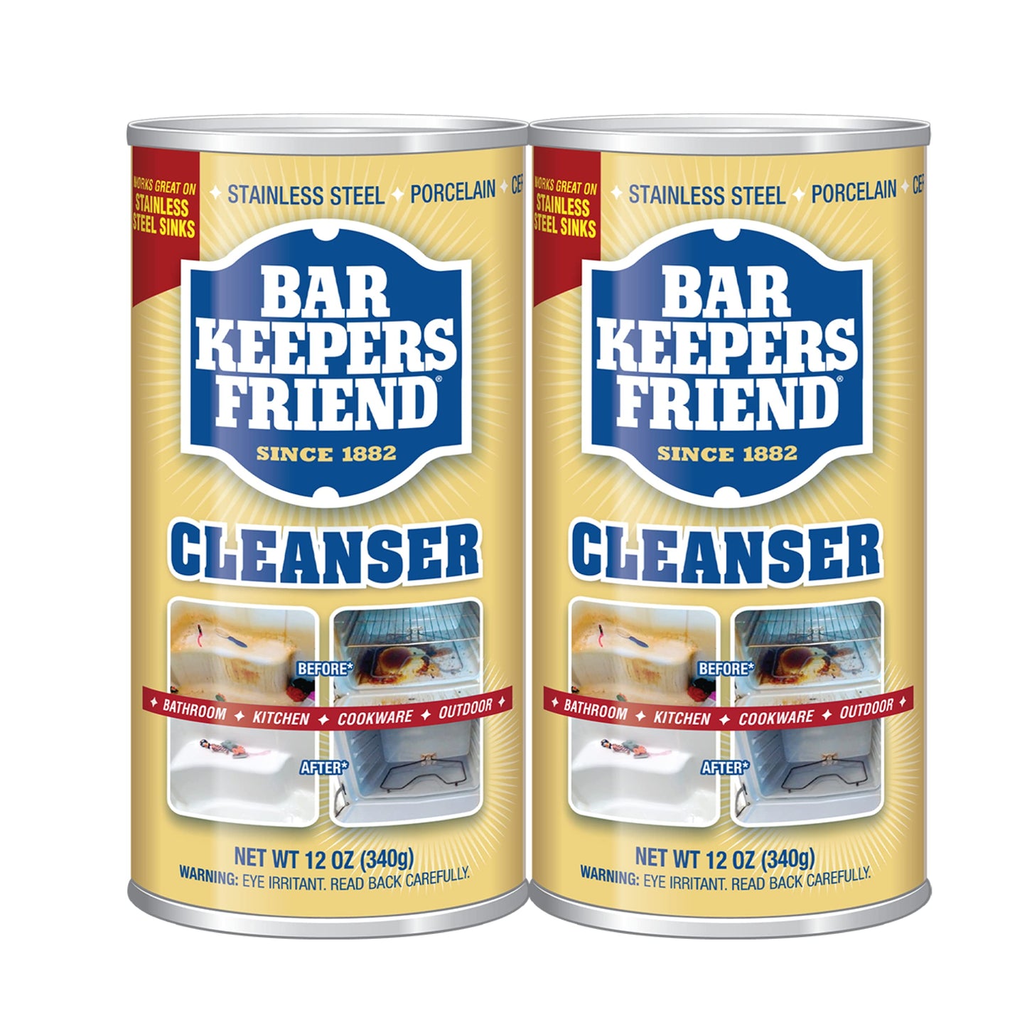 Bar Keepers Friend Powder Cleanser 12 Oz - Multipurpose Cleaner & Stain Remover - Bathroom, Kitchen & Outdoor Use - for Stainless Steel, Aluminum, Brass, Ceramic, Porcelain, Bronze and More (2 Pack)