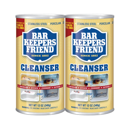 Bar Keepers Friend Powder Cleanser 12 Oz - Multipurpose Cleaner & Stain Remover - Bathroom, Kitchen & Outdoor Use - for Stainless Steel, Aluminum, Brass, Ceramic, Porcelain, Bronze and More (2 Pack)