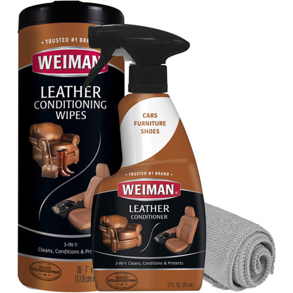 Weiman Leather Cleaner & Conditioner Care Kit | Restores Leather Surfaces | Ultra Violet Protectants Help Prevent Cracking or Fading of Leather Furniture, Car Seats, Shoes